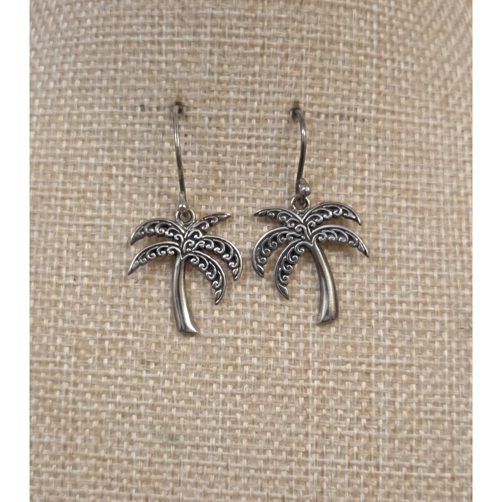 Vintage Bali Style Sterling Silver Palm Tree Dangle Hook Earrings Beach Jewelry